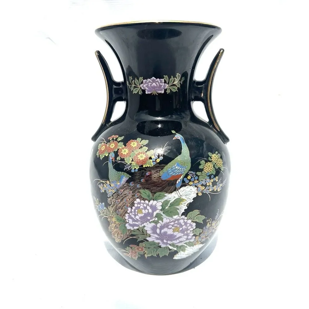 Japanese Double Handled Black Vase/Urn w/ Peacock/Cherry Blossoms 10.5